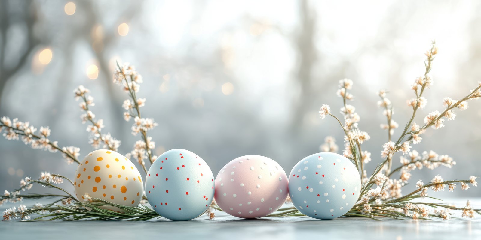Colorful Easter eggs arranged with delicate flowers on a soft background during springtime